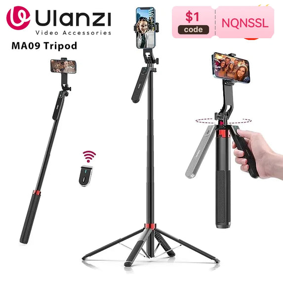 Ulanzi MA09 1.8m Selfie Stick Tripod for iPhone 16 15 14 13 Pro Max Android Phone with Remote Control Panoramic Ball head Holder