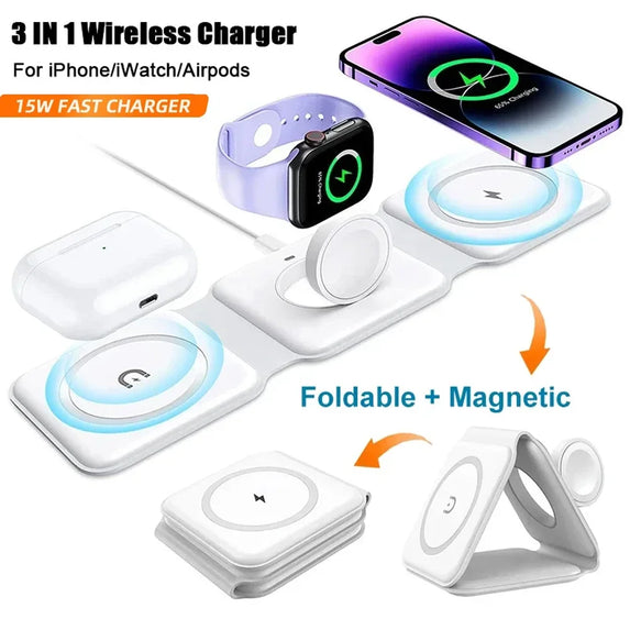 3 In 1 Magnetic Wireless Charger Pad Stand Foldable for iPhone 15 14 13 12 11 Apple Watch AirPods 15W Fast Charging Dock Station